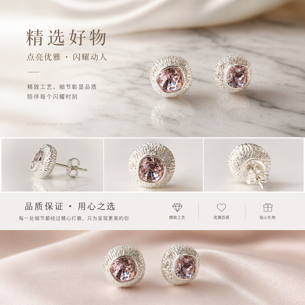 粉色宝石耳钉 时尚轻奢锆石耳饰女款详情1