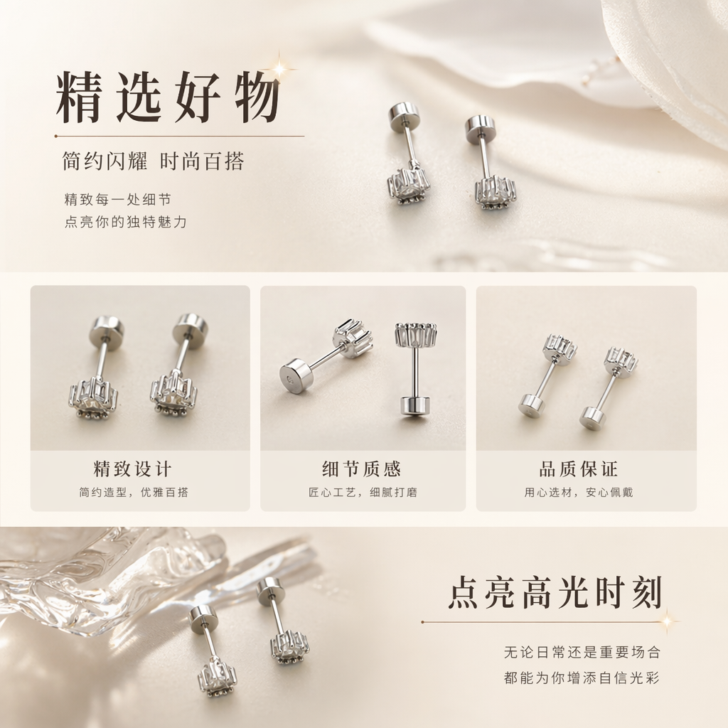 银色耳钉 时尚简约百搭耳饰详情1