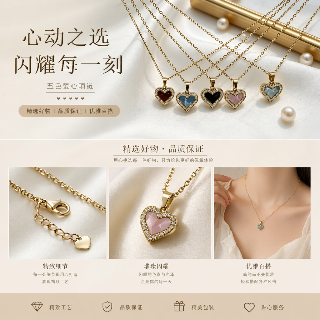 五条金色链条心形吊坠项链 红蓝黑粉浅蓝宝石镶嵌小钻详情1