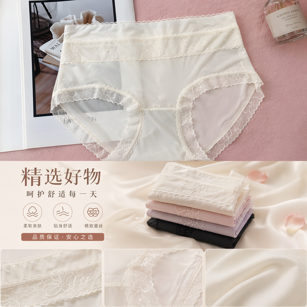 奶白纯棉内裤女士基础款舒适透气无痕低腰详情1