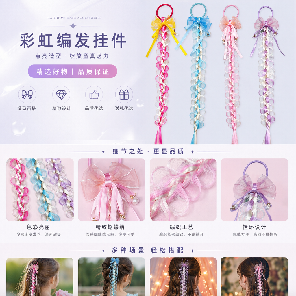 彩色编发假发辫子 仿真逼真可拆卸多色混搭扎发用详情1