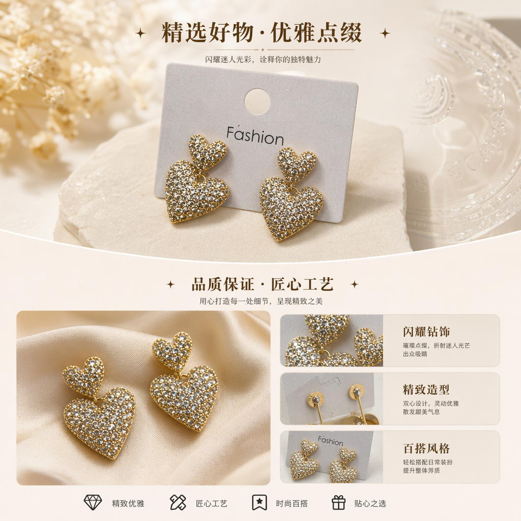 时尚心形镶钻耳环耳钉 闪耀精致轻奢女款详情1