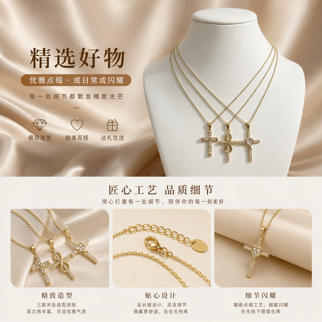 金色十字架吊坠项链 时尚简约百搭女士饰品详情1