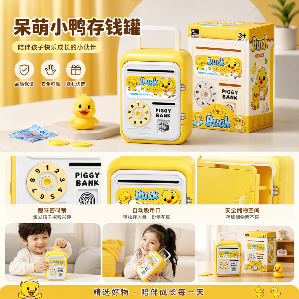 Yellow duckling electronic password children's toy piggy bank, cute cartoon piggy bank pic 1