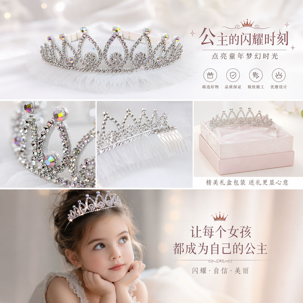 华丽的皇冠 仿真合金皇冠头饰 派对婚礼装饰道具，少女，女童 公主可爱甜美系列。大小舒适通用详情1