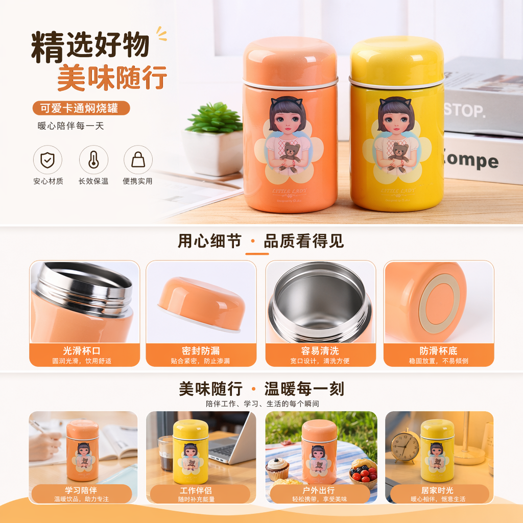卡通女孩图案保温杯 450ml少女心便携防烫水壶详情1
