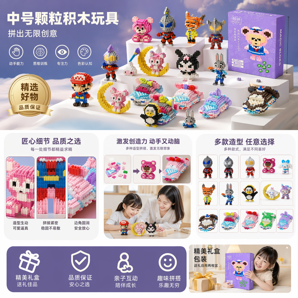 中号颗粒积木玩具 奥特曼汽车动物卡通人物剑模型详情1