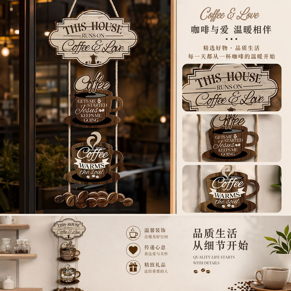Wooden coffee-themed decorative hanging pieces, wall decorations, home soft furnishing ornaments pic 1