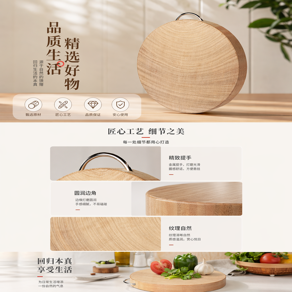 圆形木质砧板 加厚防滑厨房切菜板天然实木家用料理案板详情1