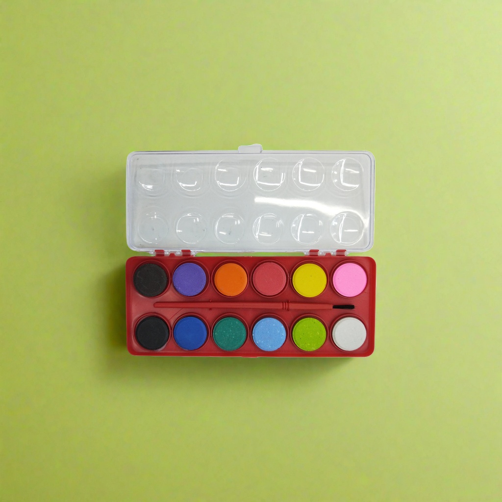 The watercolor paint tray features a circular double-layer rotating design with 12 compartments for portable painting tools Specification image