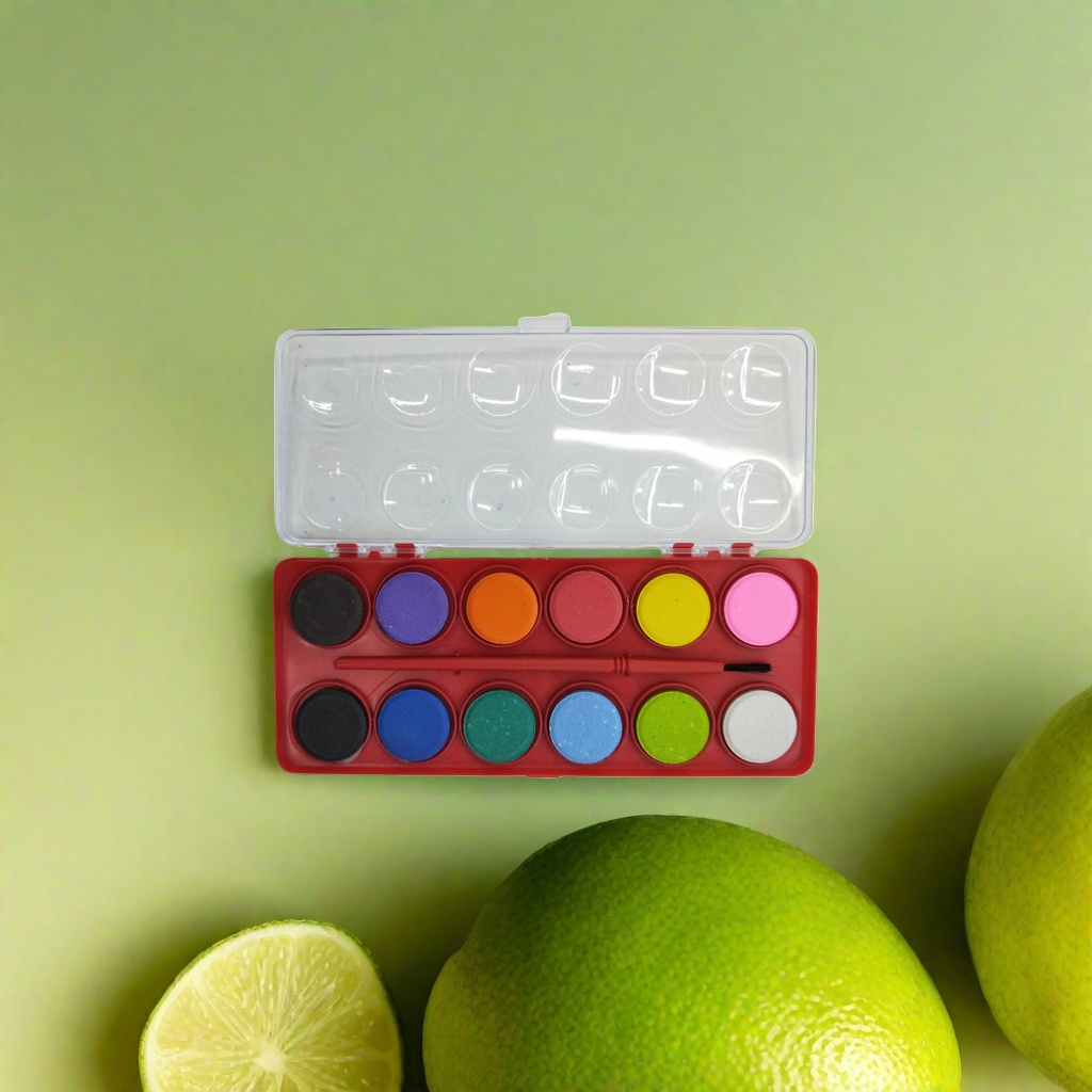 The watercolor paint tray features a circular double-layer rotating design with 12 compartments for portable painting tools