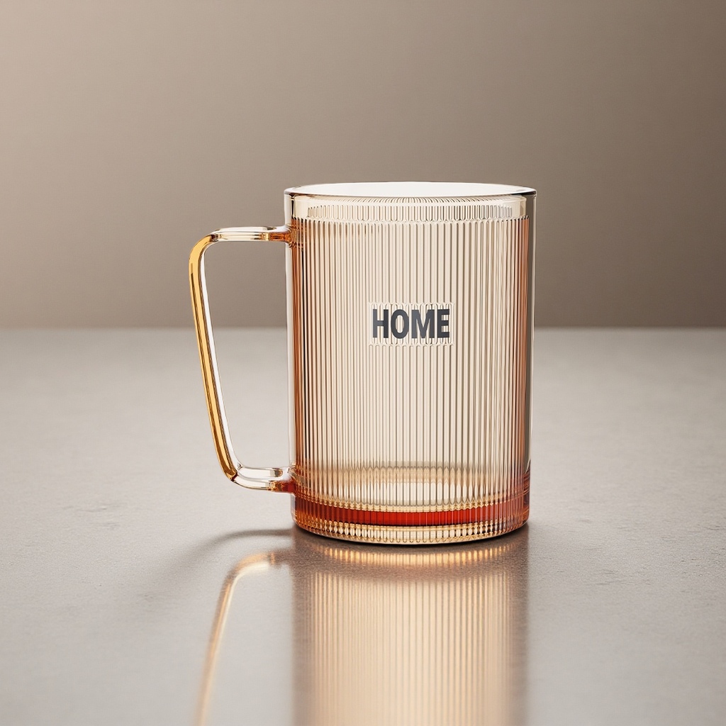 透明琥珀色竖条纹玻璃杯 HOME字样把手设计
