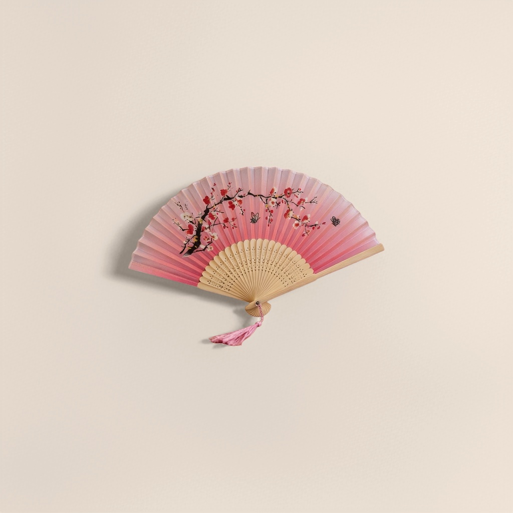 粉色梅花图案折扇 手工竹骨团扇 夏日古风纳凉扇图