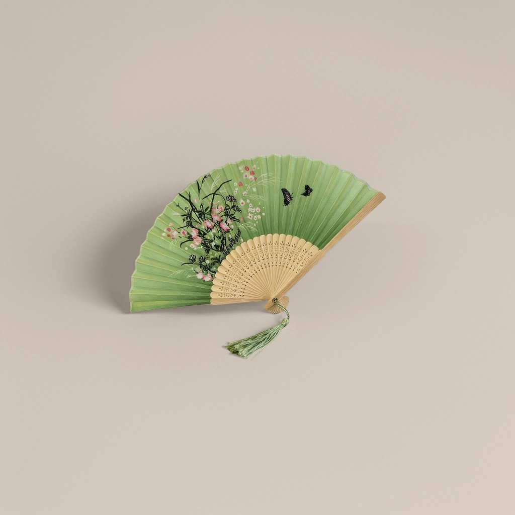 绿色花卉蝴蝶图案折扇 手工竹制便携纳凉扇