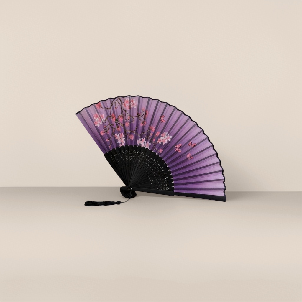 紫色樱花蝴蝶图案折扇 手工竹骨团扇夏季纳凉古风文创