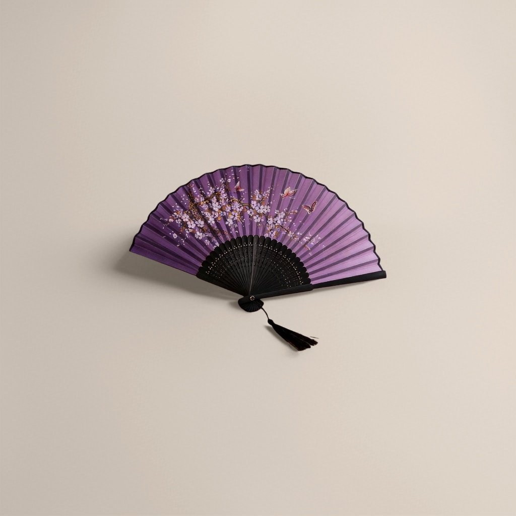 紫色樱花蝴蝶图案折扇 手工竹骨团扇夏季纳凉古风装饰
