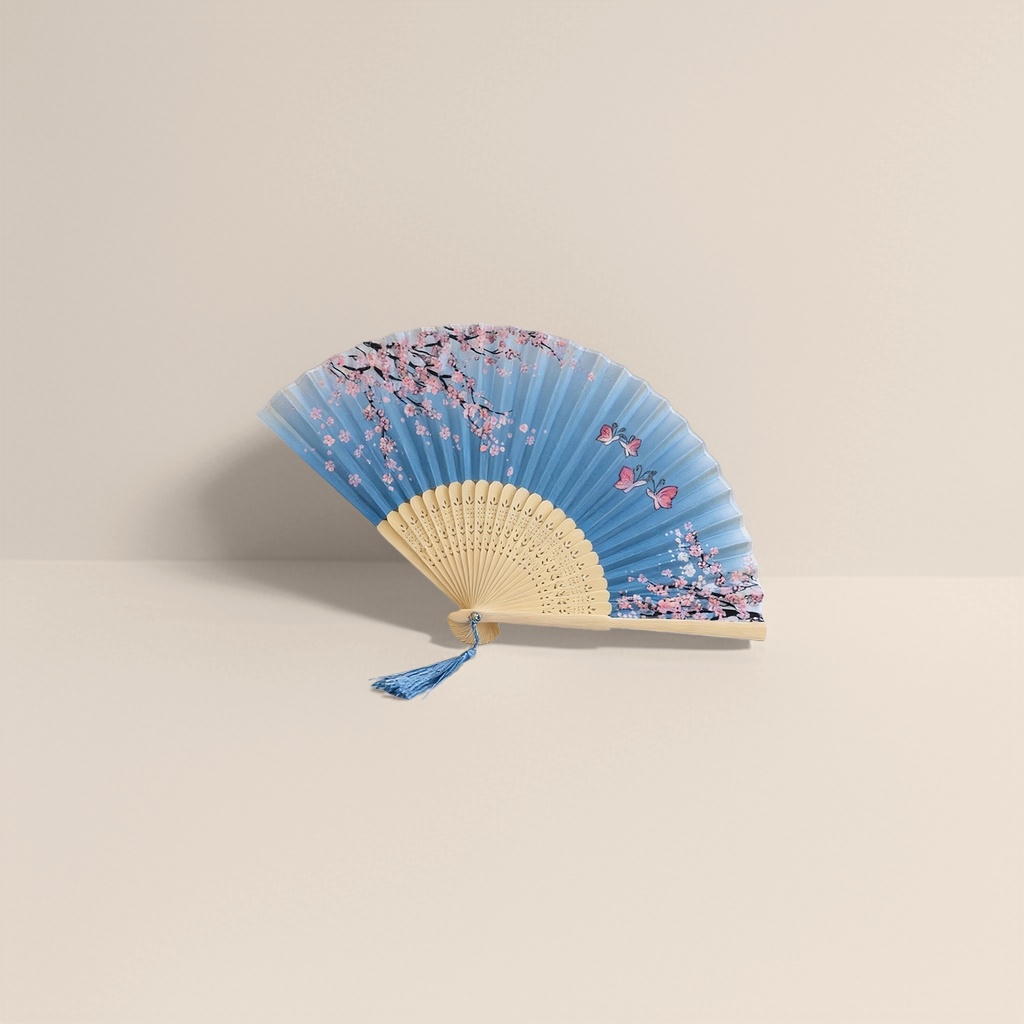 樱花图案折扇 手工竹骨团扇 纯棉布面 夏日纳凉古风道具