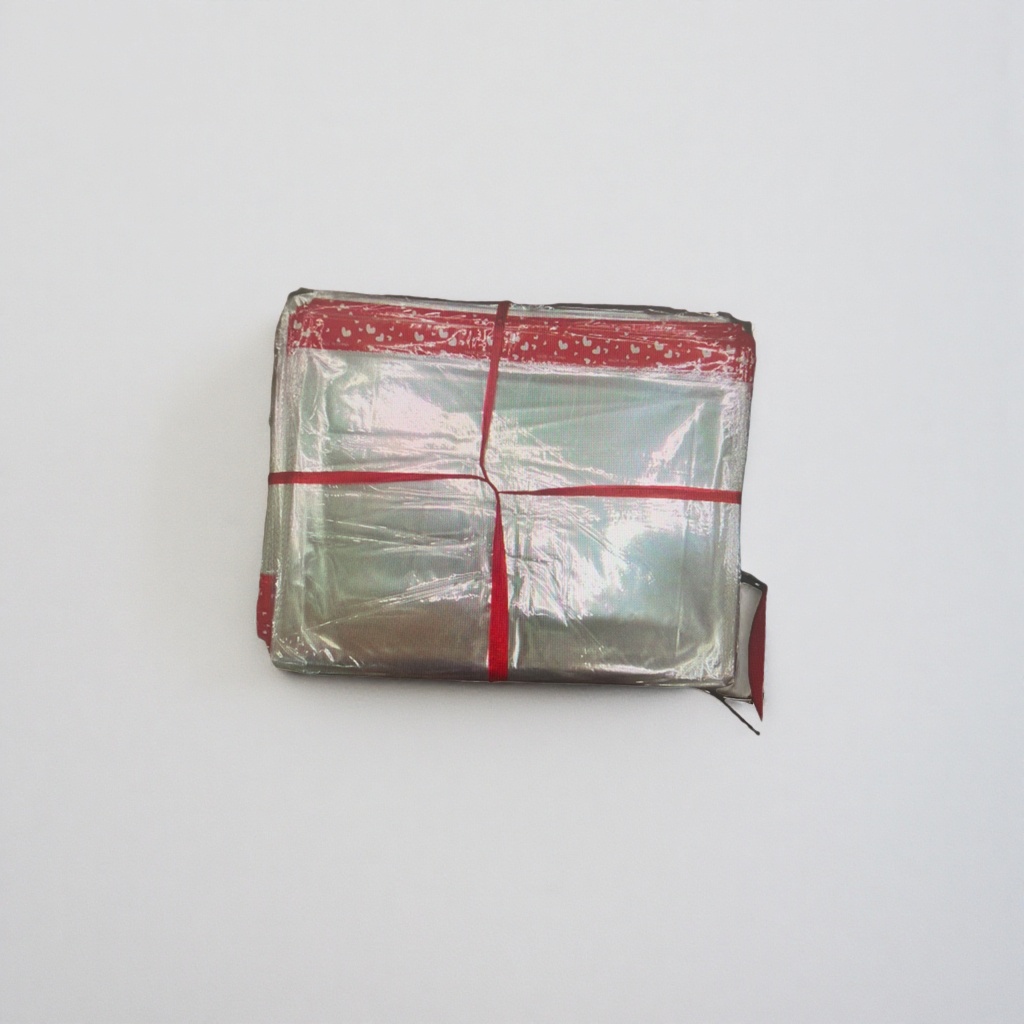 透明塑料包装+红色绑带的包裹产品图