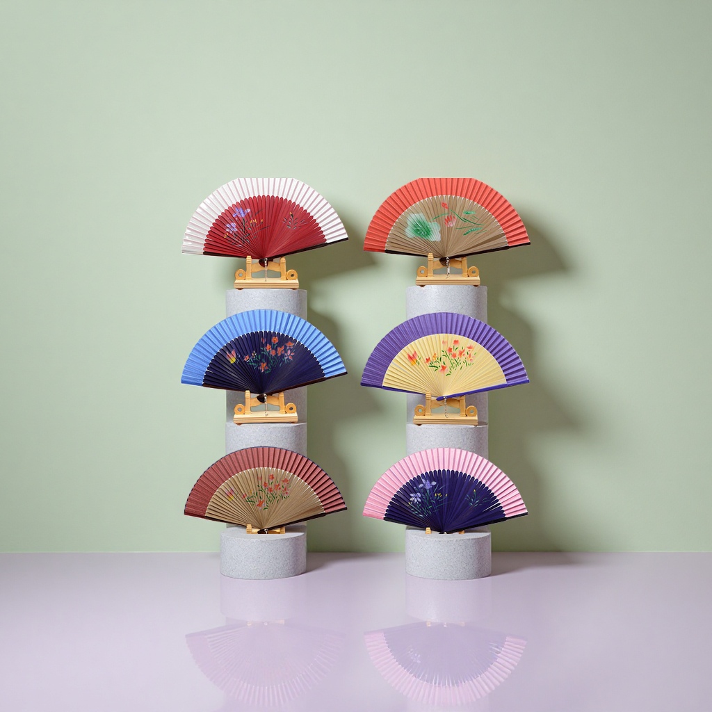 Hand-painted floral pattern folding fan, made by hand with wooden ribs, is portable for cooling off details Picture