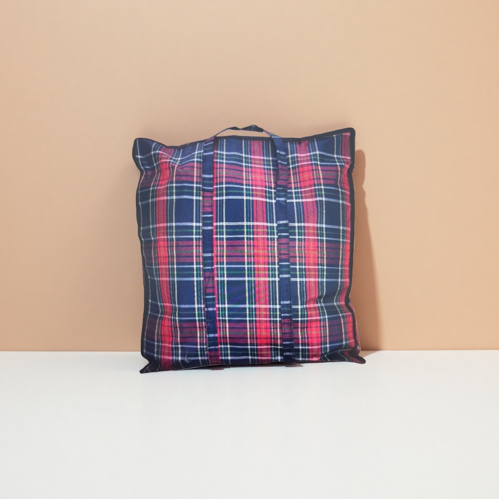 A multi-functional portable fabric storage bag with a checkered pattern