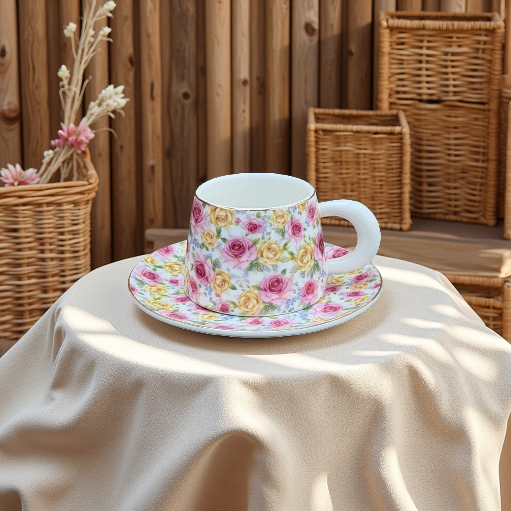 花卉图案陶瓷茶杯咖啡杯碟套装六杯六碟欧式风咖啡杯碟套装