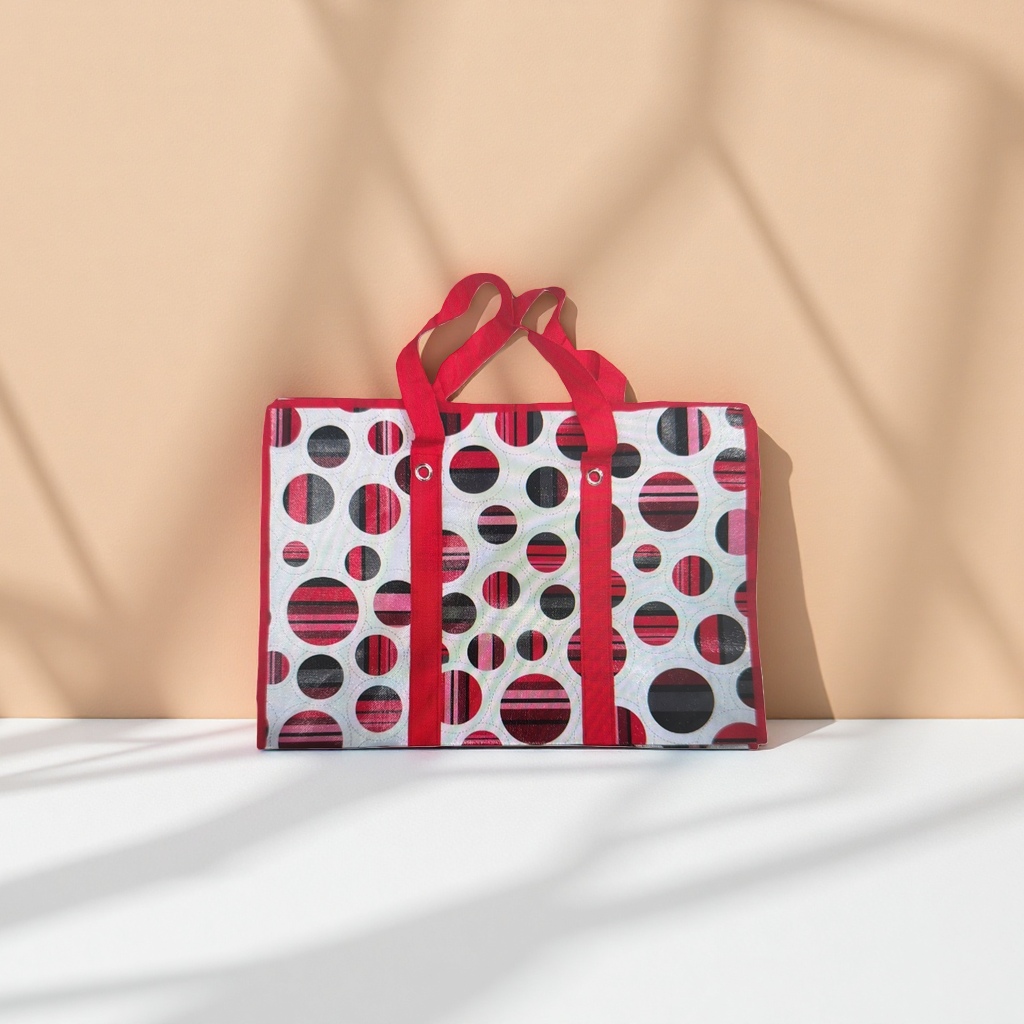 Red striped polka dot pattern handbag is a fashionable, versatile and eco-friendly shopping bag