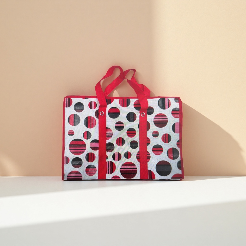 Red striped polka dot pattern handbag is a fashionable, versatile and eco-friendly shopping bag details Picture