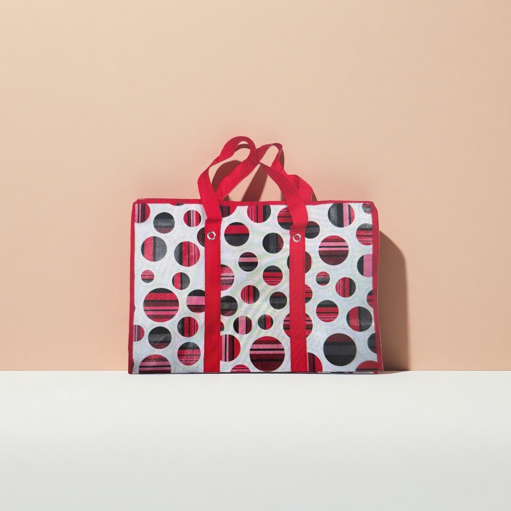 Red striped polka dot pattern handbag is a fashionable, versatile and eco-friendly shopping bag Specification image