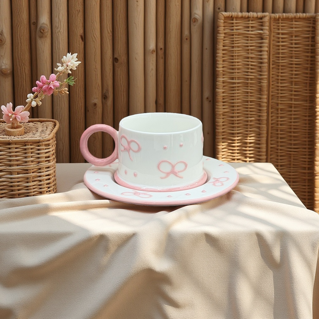 粉色蝴蝶结图案咖啡杯碟套装现代简约茶具套装咖啡杯六杯六碟