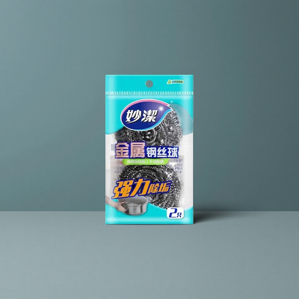 不锈钢金属钢丝球，主体为妙洁品牌包装袋内的两颗黑色钢丝球，直径约6cm，重量约20g，包装上标注“强力除垢”、“不易掉丝/不易生锈”等特性。细节图