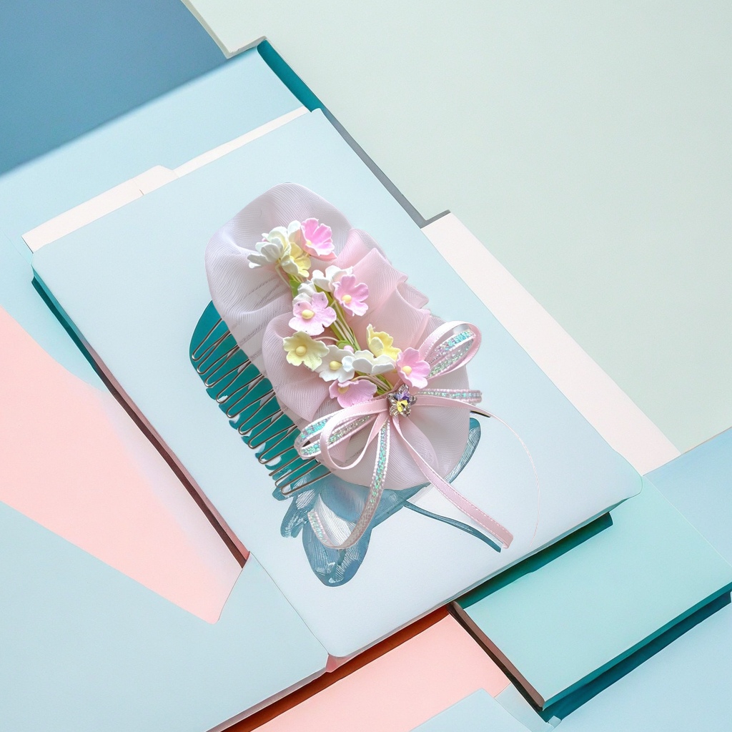 Pink flower-decorated hair comb, a sweet style lady's headwear comb, for daily wear Specification image