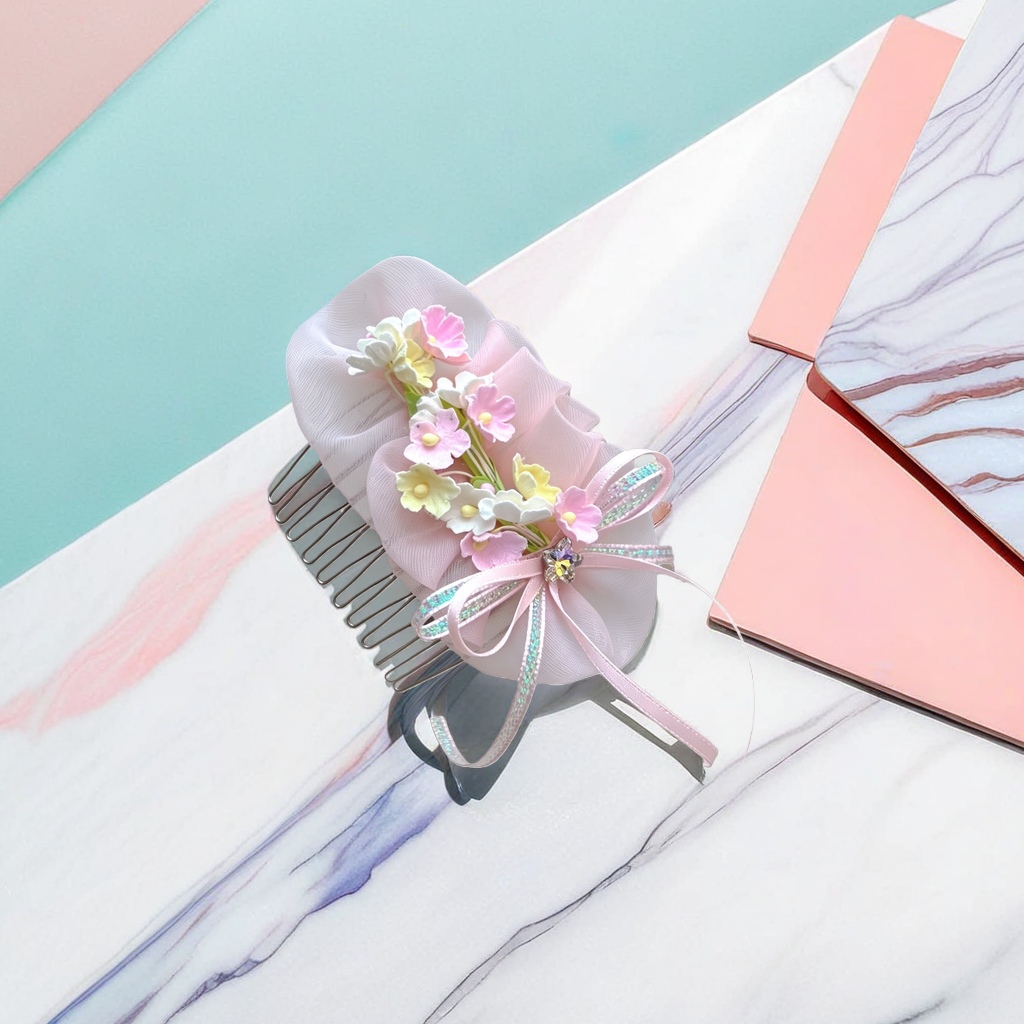 Pink flower-decorated hair comb, a sweet style lady's headwear comb, for daily wear details Picture