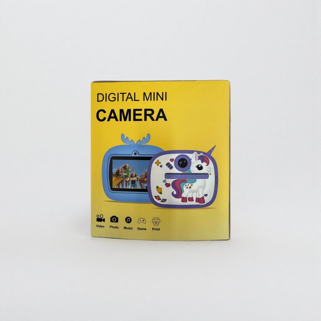 Blue and purple unicorn children's mini camera, yellow packaging box with video, photo, music, game and print functions Specification image