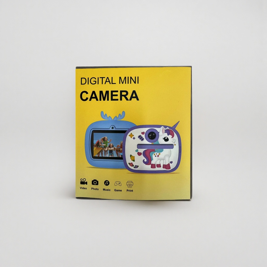 Blue and purple unicorn children's mini camera, yellow packaging box with video, photo, music, game and print functions Application Scenario