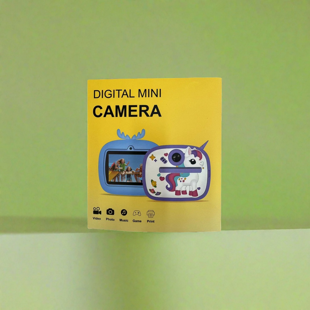 Blue and purple unicorn children's mini camera, yellow packaging box with video, photo, music, game and print functions details Picture