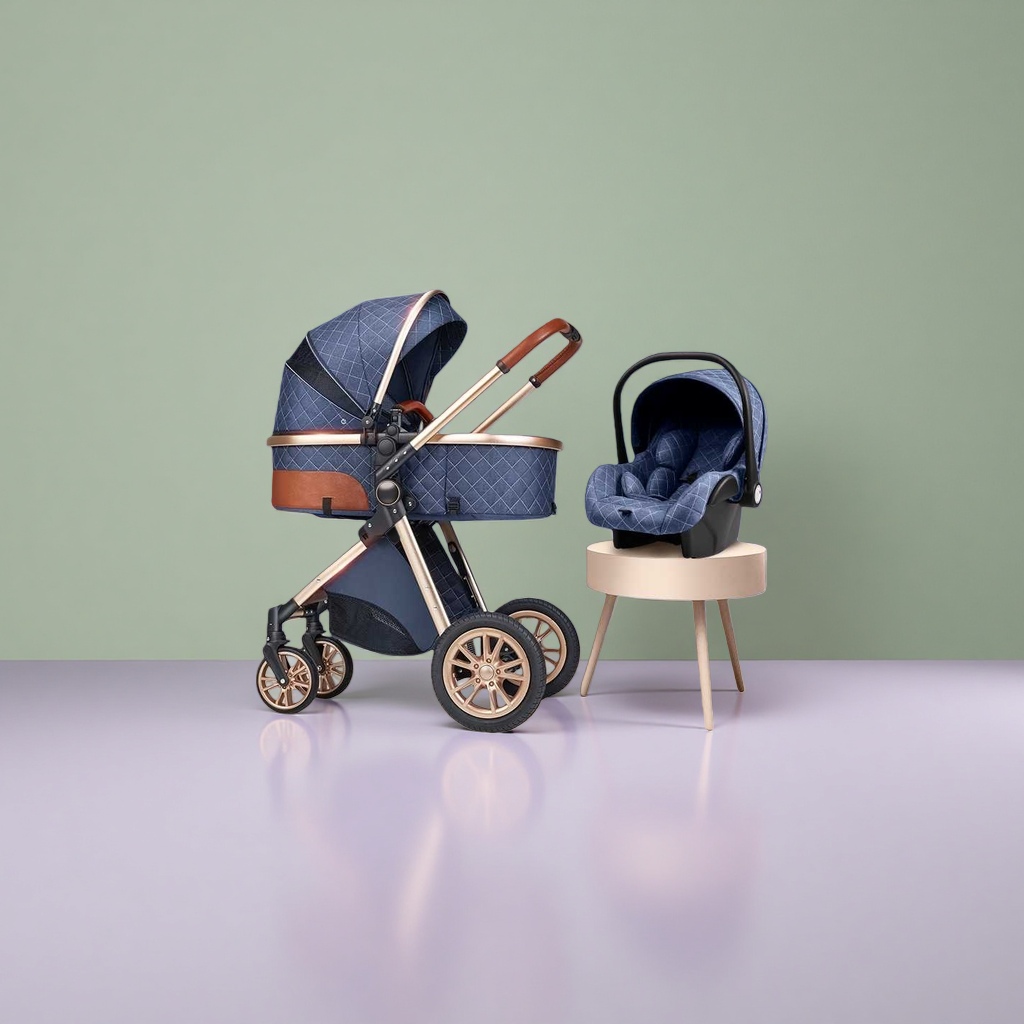 The baby stroller is made of aluminum alloy frame and can be retracted with one button. It features high shock absorption for newborns and allows them to lie down and sleep Specification image