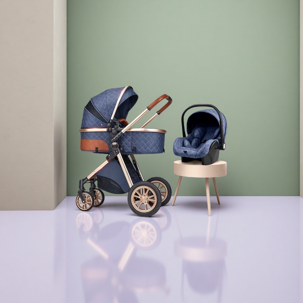 The baby stroller is made of aluminum alloy frame and can be retracted with one button. It features high shock absorption for newborns and allows them to lie down and sleep