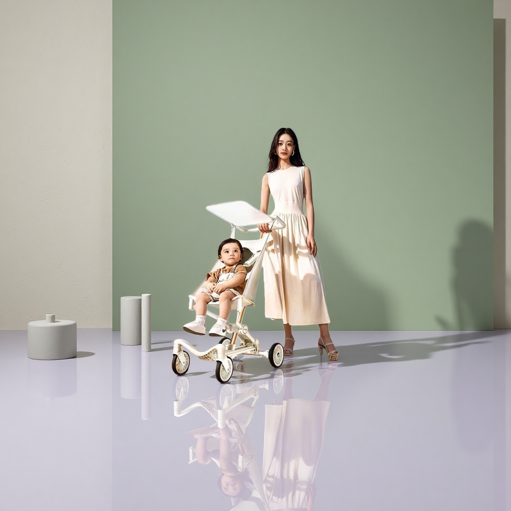 The baby stroller with 360-degree rotating swivel wheels can be pushed in both directions while the newborn lies flat. It is portable and lightweight