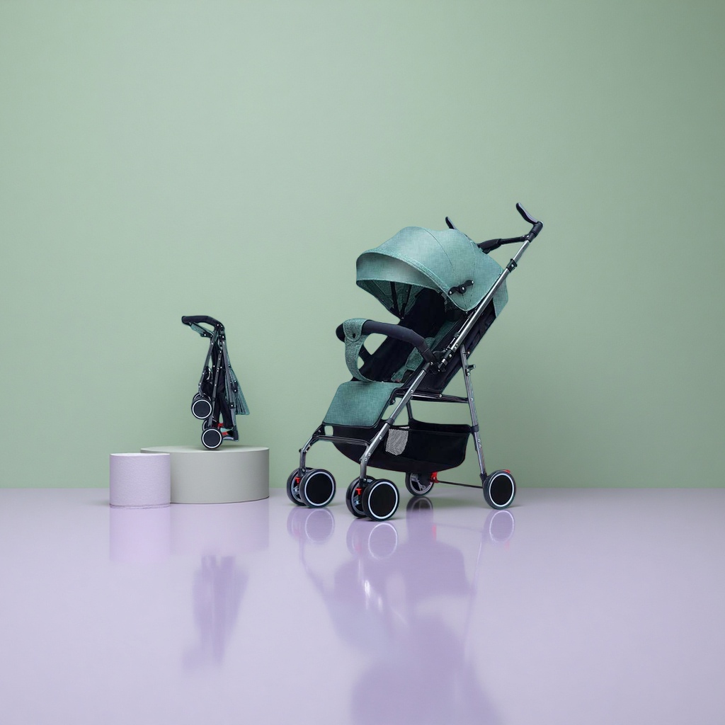 The baby stroller features an aluminum alloy frame with one-button retraction and 360-degree rotating universal wheels, suitable for newborns Specification image
