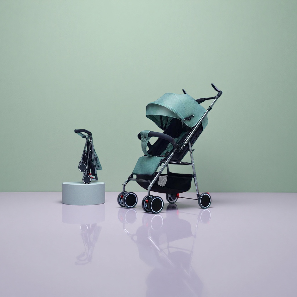The baby stroller features an aluminum alloy frame with one-button retraction and 360-degree rotating universal wheels, suitable for newborns details Picture