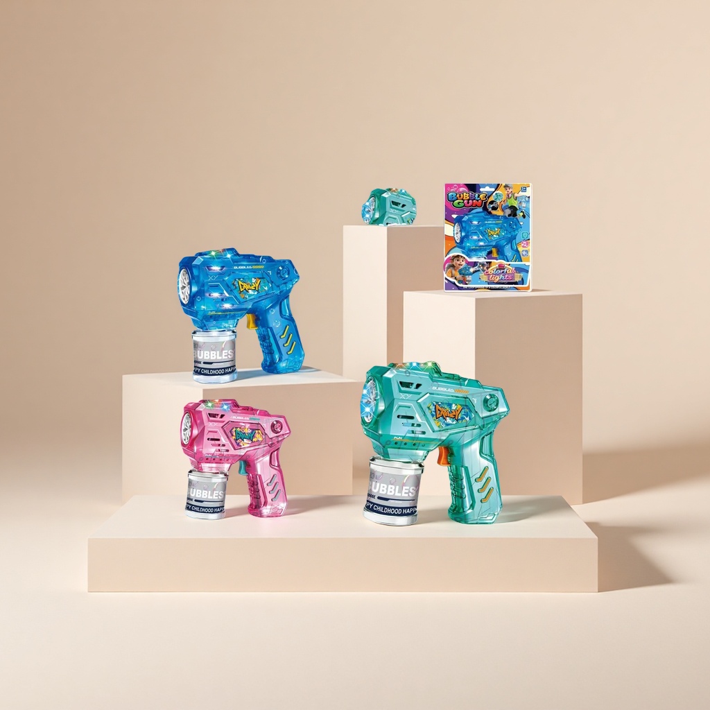 The mixed blue, pink and green versions of the seven-color bubble gun with circulating seven-color light bubble effect, 13cm x 6cm Application Scenario
