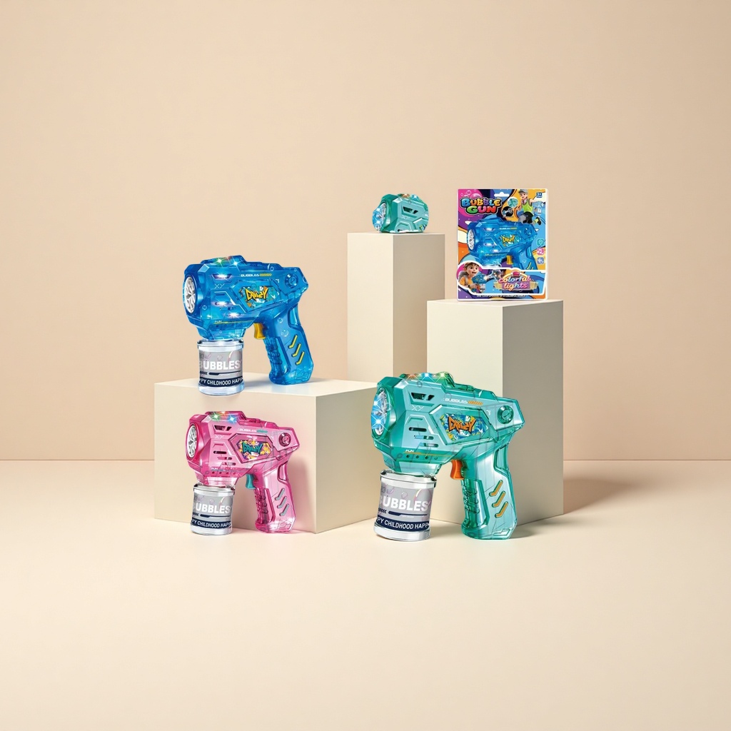 The mixed blue, pink and green versions of the seven-color bubble gun with circulating seven-color light bubble effect, 13cm x 6cm Specification image