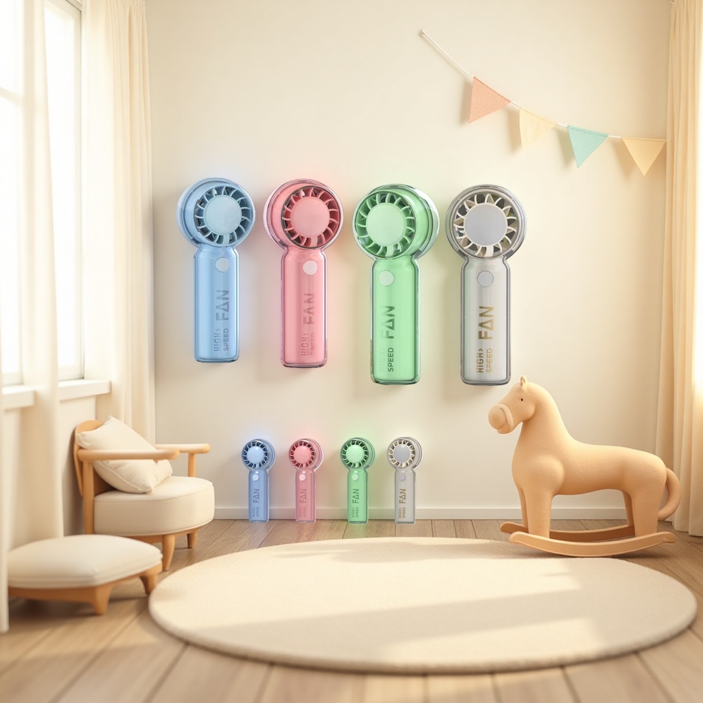Four-color portable model with small fan for players: blue, pink, green, transparent, wooden desktop, silent details Picture