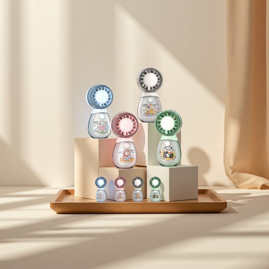 Four-color portable model with small fan for players: blue, pink, green, transparent, wooden desktop, silent Specification image