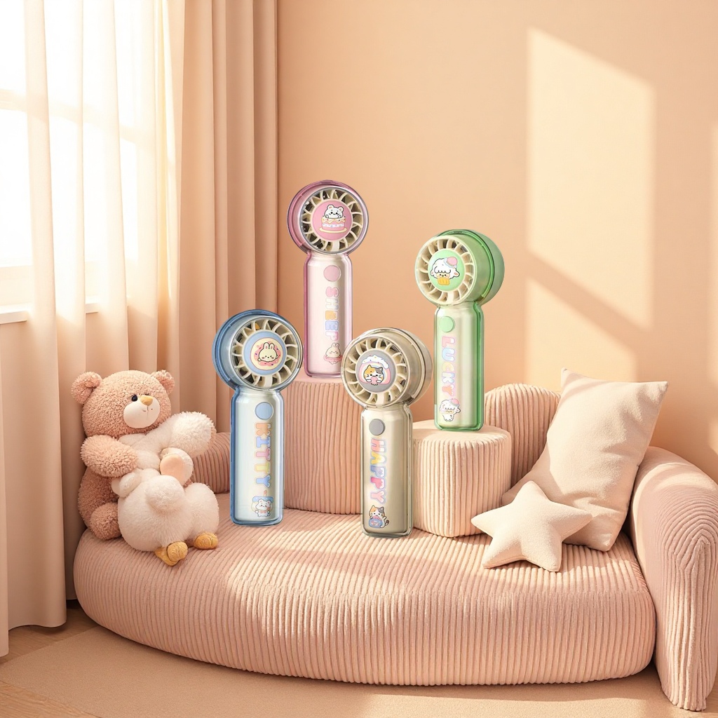 Four-color portable model with small fan for players: blue, pink, green, transparent, wooden desktop, silent Application Scenario