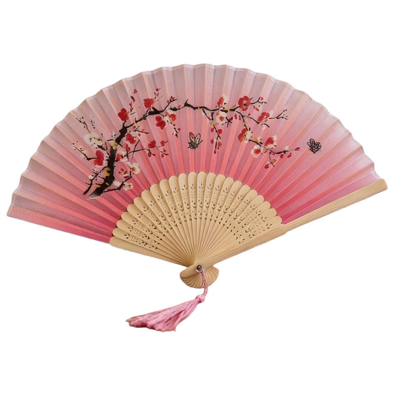 粉色梅花图案+折扇白底实物图