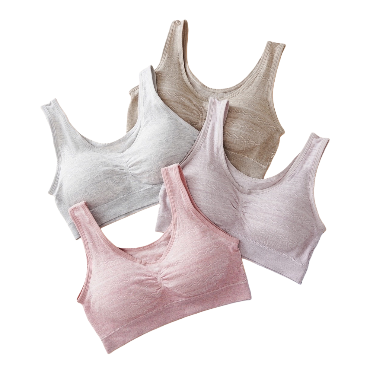 The light grey, beige, light pink and light pink bras without underwire are laid flat to show the comfort of light-colored bras for women in summer Item Picture
