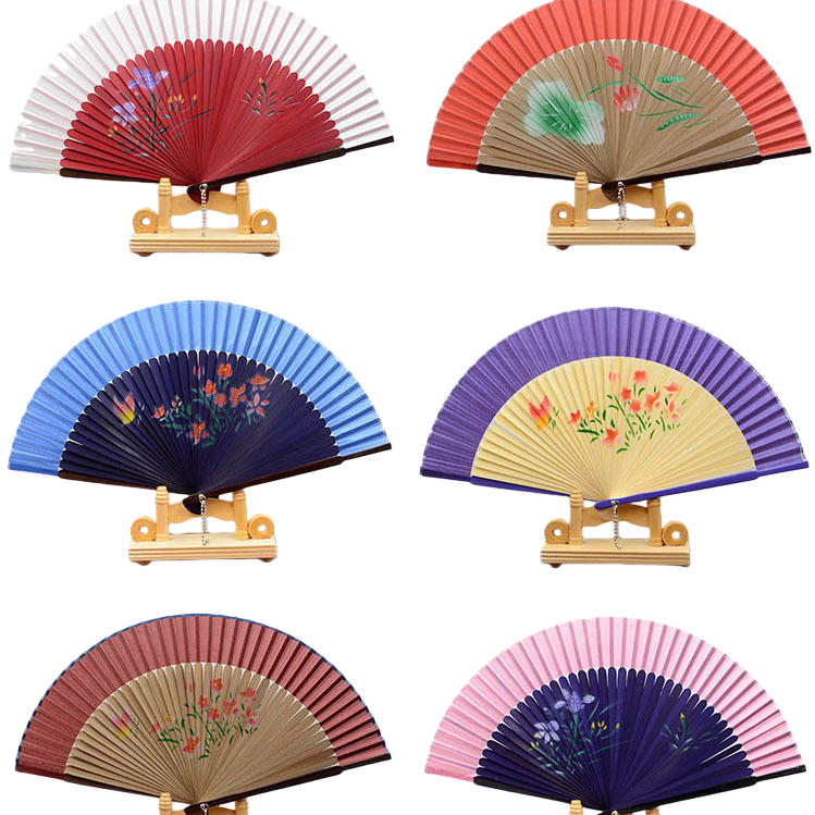 Hand-painted floral pattern folding fan, made by hand with wooden ribs, is portable for cooling off Item Picture