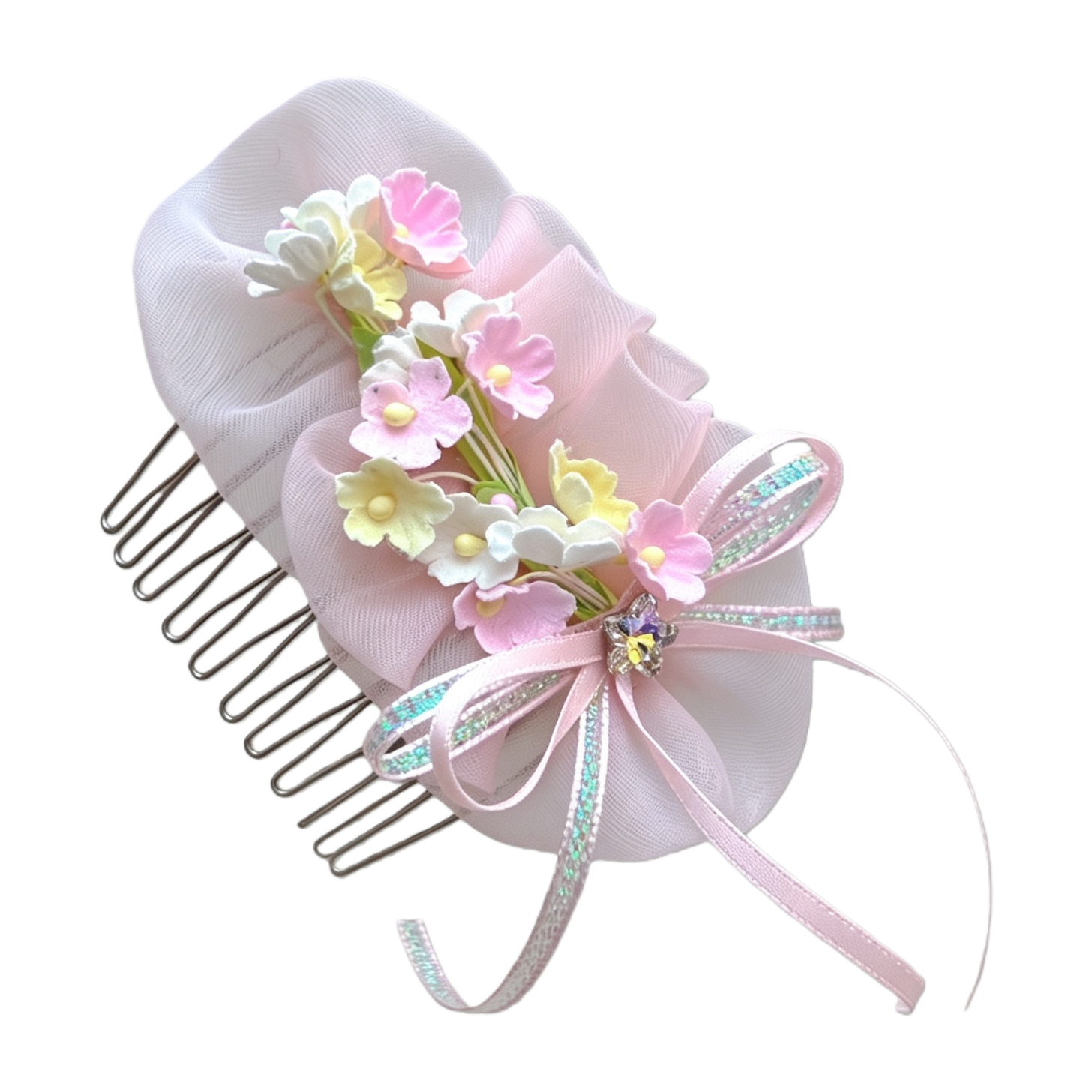 Pink flower-decorated hair comb, a sweet style lady's headwear comb, for daily wear Item Picture