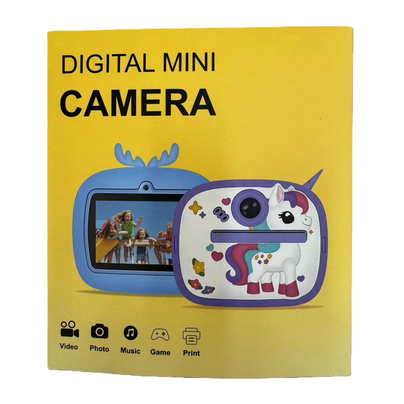 Blue and purple unicorn children's mini camera, yellow packaging box with video, photo, music, game and print functions Item Picture